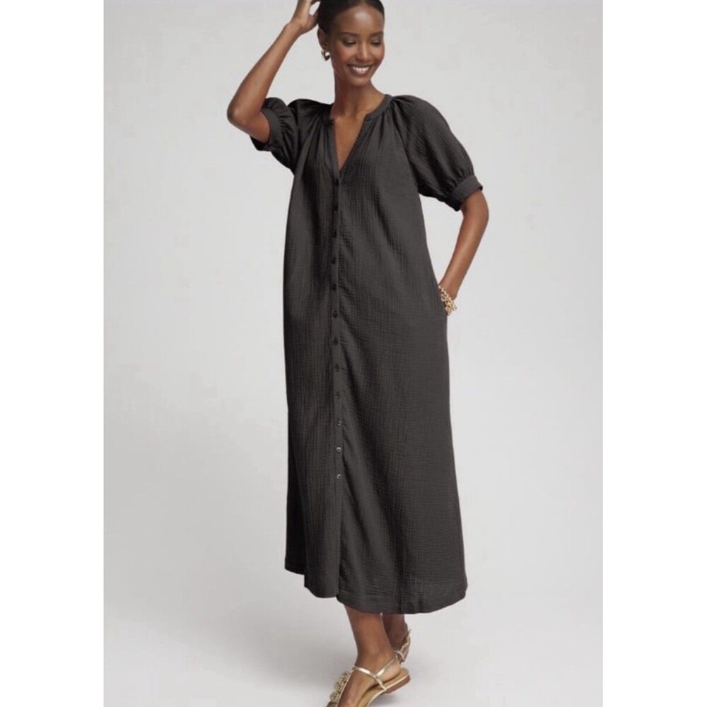 Chico’s Black Button Front Gauzy Short Sleeve Cotton Midi Dress Size 2 Large